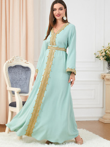 Vestido Midi de Encaje con Corte en Bloques de Color Sólido, Vestido Largo de Manga Larga con Cintura Holgada, Elegante Vestido Tipo Bata para Mujer - Product Image 2
