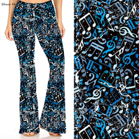 Pantalon évasé taille haute pour femme, motif instruments de musique vintage style line art, marron, chic, pour musiciennes, mode et yoga