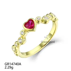 Grace Jewelry Romantic Dainty Big Red Gemstone Ruby Silver Lovers Couple Gold Love Heart Ring For Women