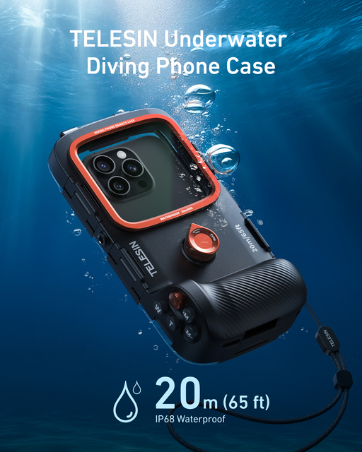 TELESIN 2025 New Arrival 20m/65ft Snorkeling Phone Waterproof Case Charging Photography Handle for Diving Mobile Phone