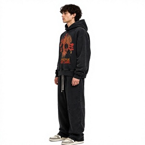 Sweat à capuche unisexe noir à motif abstrait, coupe oversize, style streetwear, avec poche kangourou, fournisseur en gros de marques privées - Product Image 2
