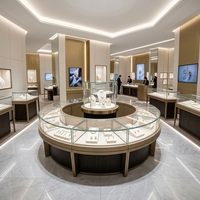 Kiosque de présentation de bijoux rond noir et or de luxe, complet à 360° °   Vitrine en verre avec piédestal rotatif central