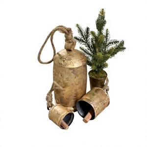 Rustic <b>Christmas</b> Cow Bells Antique <b>Gold</b> Metal Hanging Harmony Bells with Jute Rope Shabby Chic Holiday Home Mantle <b>Decoration</b> - Product Image 1