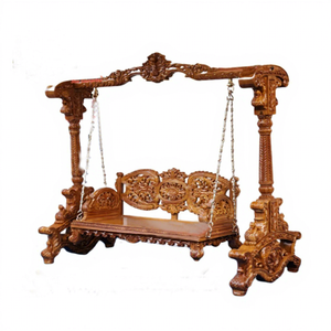 Compre columpio de madera de teca de Birmania con cadenas de latón, columpio de madera tallada india para interiores, columpio de madera Jhula Sagwan a precios de mayorista en EE. UU. - Product Image 1