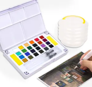 Conjunto de pinturas em aquarela, conjunto de pinturas em aquarela com 24 cores sólidas, 2 pincéis em aquarela, paleta de 2 cores, para pinturas em aquarela