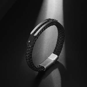 Men's Woven <b>Leather</b> <b>Bracelet</b> Titanium Steel Geometric Design Black 21.5 Cm Length Simple Motorcycle Style CE571 - Product Image 3