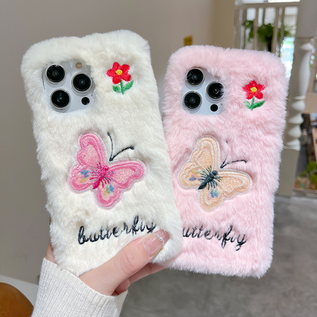 3D Embroidered Fluffy Plush TPU Phone Case Butterfly Flower Design-Shockproof Soft Faux Fur White/Pink for 17 Pro Max