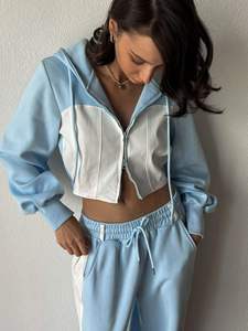 Contraste Couleur Filles Survêtement Zip-up Jogging Sportswear Sexy Deux Pièces Long Ensembles <span class=keywords><strong>Fille</strong></span> Crop Top - Product Image 4
