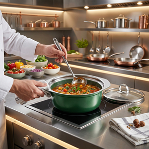 Nouvelle marmite à soupe en acier inoxydable 304 avec couvercle en verre, structure 3 plis, compatible gaz et induction, pour usage en restaurant/hôtel - Product Image 1
