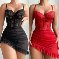 Nouvel ensemble de pyjama sexy pour femme en dentelle fine, style halter, avec soutien-gorge et culotte érotiques à col en V, en tissu Dobby, idéal pour l'été.