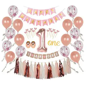 Conjunto de balões infantis de 1 ano, material para festa de aniversário infantil e decoração de festa, conjunto com borla de papel, rosa ou ouro