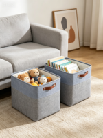 Deyun Lot de 4 paniers de rangement en tissu, gris bicolore, pliables, avec poignées en cuir PU, pour placards et étagères domestiques