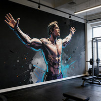 Papier peint mural 3D personnalisé imperméable pour salle de sport, style bande dessinée, corps musclé géométrique, bleu orange, pour centre de fitness