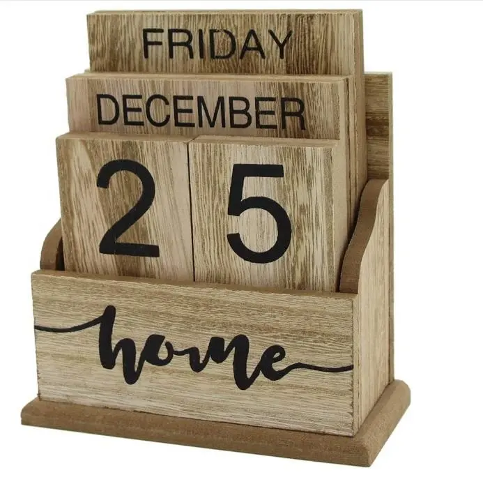 木製カレンダーデスクトップウッドブロックプランナー月日付表示ホームオフィスデコレーション用ウッドカレンダーブロック