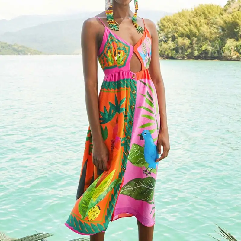 Off Shoulder Resort Tunic with Lace Trim Retro Style Boho Tunic Mexican Spring Midi Dress Hot Selling Boho Custom Print