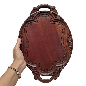 Plateau de service en bois sculpté à la main, écologique, de luxe, avec poignée, finition thermolaquée, forme ovale, motif animalier, pour thé et café - Product Image 1