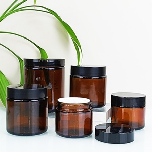1oz 2oz 4oz 8oz Straight Sided Round Amber Glass Cosmetic <b>Jar</b> with Black Plastic Lid BPA Free Container - Product Image 5