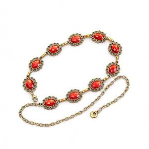 Cadena de cintura vintage de metal dorado con gemas de cristal rojo, cinturón de eslabones retro con diseño floral, accesorio de joyería para mujer - Product Image 1
