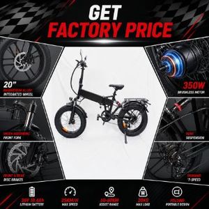 Vélo hybride à pneus larges de 20 pouces, cadre en aluminium pliable, batterie au lithium 36V 10.4Ah, moteur à moyeu arrière, frein à disque, moteur sans balais 350W DY2008 - Product Image 2