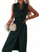 Robe longue en jean décontractée pour femme 2026, sans manches, avec dentelle et boutons, couleur unie, grande taille, avec poches sur le devant