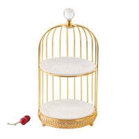 Support à gâteaux romantique en métal doré en forme de cage à oiseaux avec 2 et 3 niveaux de plateaux en céramique pour la Saint-Valentin