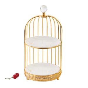 Alas Kue Berbentuk Sangkar Burung Logam Emas Romantis dengan 2 dan 3 Tingkat Piring Keramik untuk Acara Hari Valentine - Product Image 2