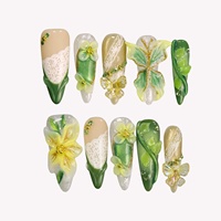 Ongles à presser en acrylique, forme amande, à talon moyen, motif fleur 3D et papillon en dentelle, vert forêt jaune printanier, vente en gros, personnalisables