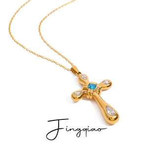 Collar con Colgante de Cruz Yueli, Chapado en Oro de 18k, Acero Inoxidable, Incrustaciones de Diamantes de Circonio Azul, Joyería de Moda, Regalo - Product Image 1