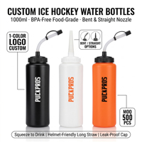 Bouteille d'eau de hockey sur glace PUCKPROS 1000 ml compatible casque, avec paille longue coudée, sans BPA, qualité alimentaire, bouchon anti-fuite, logo personnalisé pour équipes