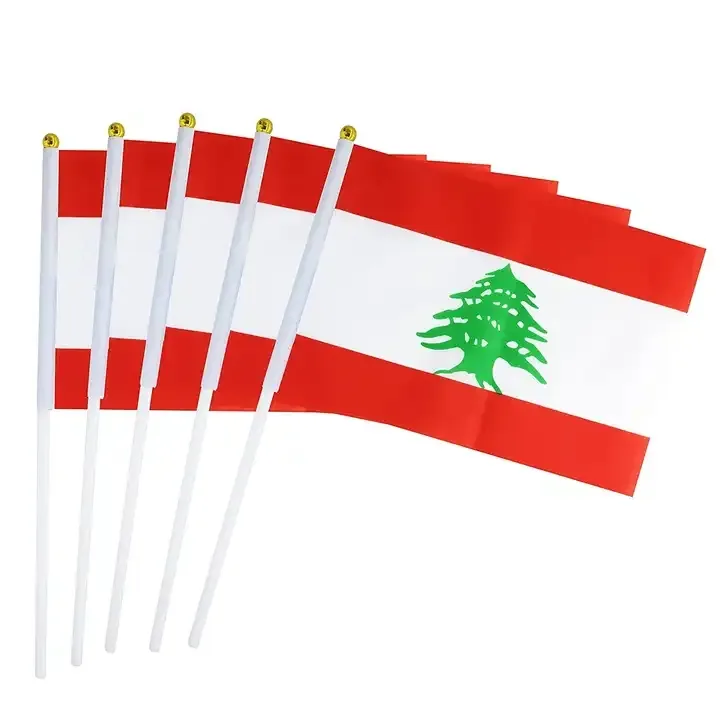 सनशाइन कस्टम लेबनान छोटे मिनी सफेद लाल हरी हाथ पकड़ झंडे लेबनान हाथ झंडे टीम खेल बैनर फुटबॉल छड़ी झंडा