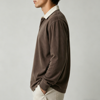 T-shirt en coton à manches longues tricoté doux pour homme, col polo décontracté, grammage lourd, coupe oversize, personnalisable avec logo