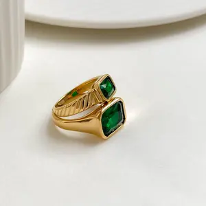 Luxus 18 Karat vergoldet quadratische grüne Smaragd ringe Edelstahl CZ Diamant Edelstein Ring für Frauen Mädchen Finger Schmuck
