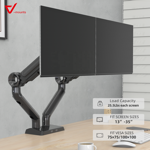V-mounts 35'' 90 Degrees Tilt Gas Spring Monitor Mount with USB Charging Ports Aluminum Alloy VM-GE62U in Stock