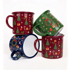 Wholesales Custom <strong>Christmas</strong> 12oz Reusable Rolled Rim Metal Tin Sublimation Blank Coffee <strong>Tea</strong> <strong>Cup</strong> Enamel Camping Mug with Handle - Product Image 3