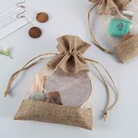 Sacs cadeaux pour bijoux avec logo personnalisé, petites pochettes en toile de jute, sacs à cordon en jute avec fenêtre transparente