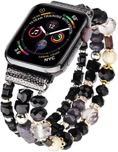 2021 יוקרה מעצבי אופנה נשים בנות Girly קריסטל חרוזים אלסטיים צמיד שעון רצועת עבור אפל שעון להקת עבור iWatch 6 5
