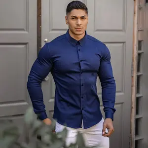 男士运动合身休闲衬衫蓝色肌肉男士服装肌肉商务服装礼服衬衫