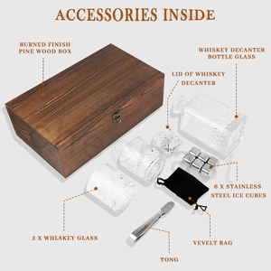 Bình Thon Cổ Whiskey Có Môi Hộp Gỗ Thông Cháy Đẹp Với Bộ Bình Thon Cổ Whiskey Đá Không Gỉ Kèm Ly - Product Image 5
