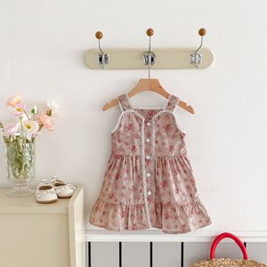 2025 estate abiti <span class=keywords><strong>da</strong></span> bambino in cotone stile coreano gilet floreale per ragazze semplici tinte in pizzo retrò francese con finiture al ginocchio - Product Image 1