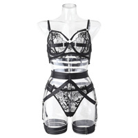 RUIYI noir dentelle porte-jarretelles lingerie trois pièces ensemble de sous-vêtements sexy femmes ensemble de lingerie en gros