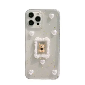 适用于iPhone 14 13 12 11 Pro Max XR X XS 7 8 Plus透明TPU 3D心形卡通熊珍珠手机壳