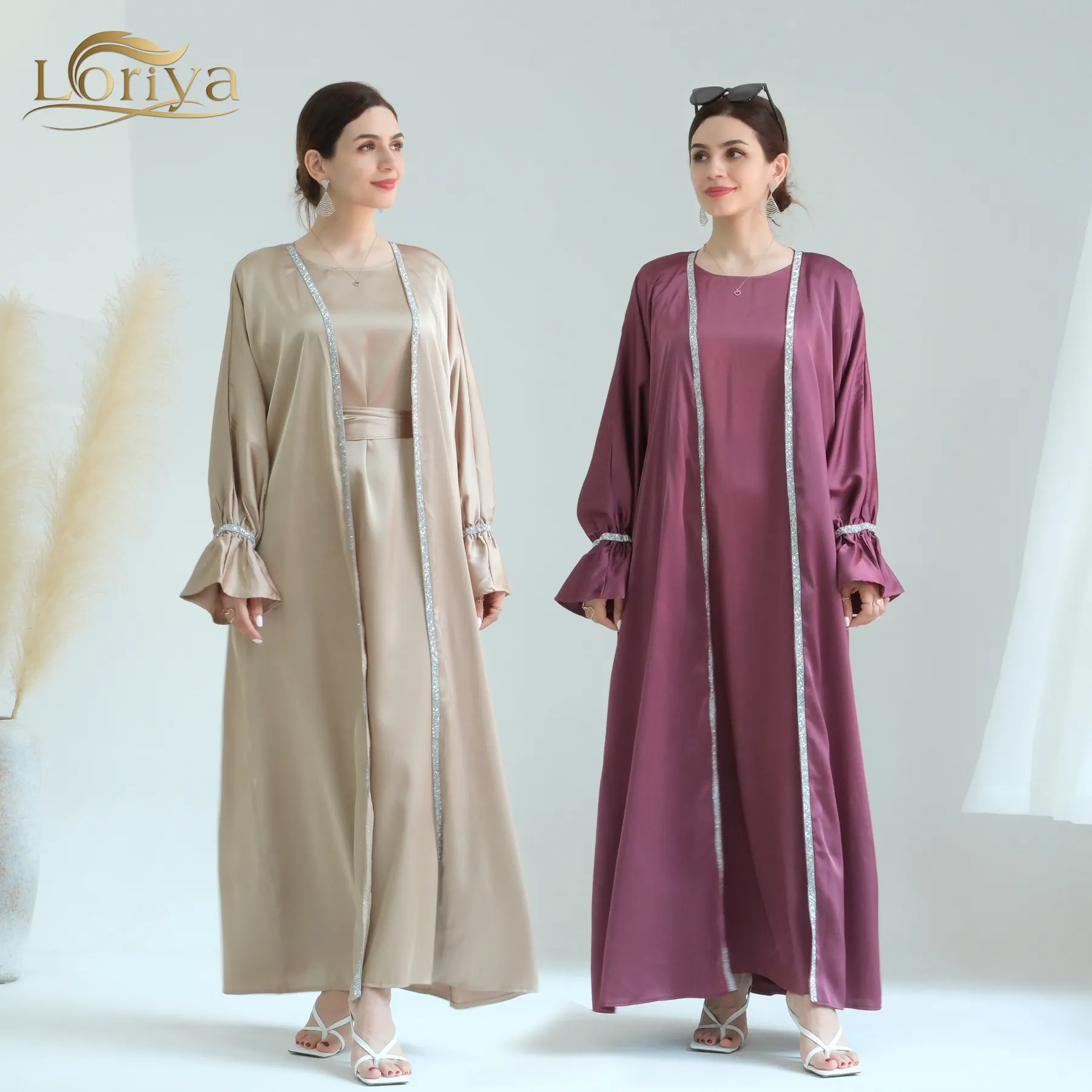 Loriya 2 Piece Abaya Set for Muslim Open Abaya with Matching Inner Slip Dress Women Abaya islamic Clothing