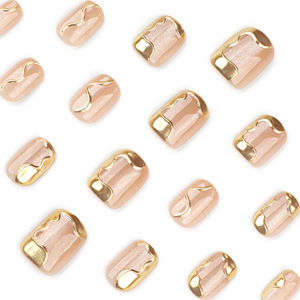 <span class=keywords><strong>Faux</strong></span> ongles naturels moyens ovales nude <span class=keywords><strong>beige</strong></span> avec paillettes dorées, à presser, avec bordure ondulée dorée 3D, pointes d'ongles artificielles brillantes - Product Image 3