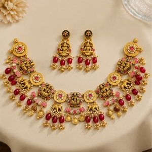 Elegante conjunto de collar y aretes de plata 925 con cuentas rojas y rosas, joyería nupcial india tradicional para mujeres. - Product Image 1