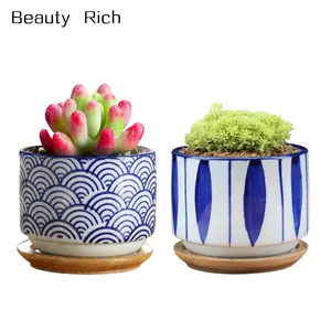 Giapponese di Ceramica Succulente Planter, Cactus Pianta in Vaso, Contenitore di Fiore con Vassoio di Bambù A Goccia, Set di 2