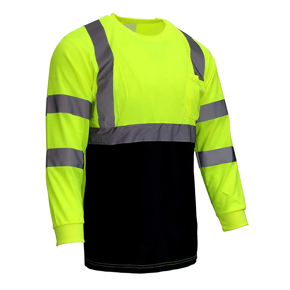 High Visible Long Sleeve Black Bottom Safety T Shirts Moisture Wicking Mesh