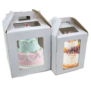 Doğum günü büyük uzun boylu kek kollu kutu pencere oluklu güçlü 3 katmanlı kek taşıma teslimat kutuları üzerinde özel Logo düğün OEM