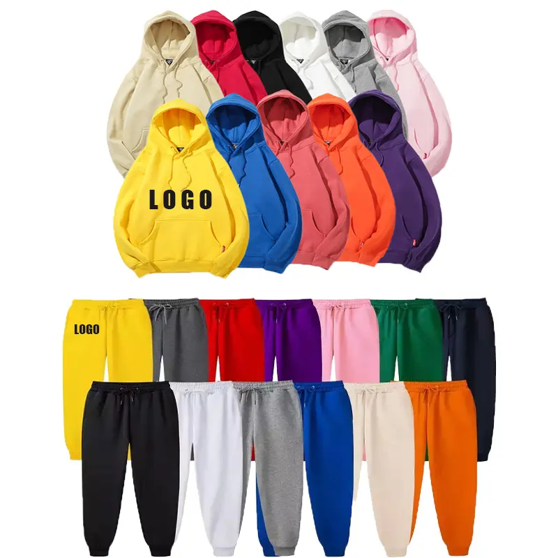 Custom Logo Winter Plain Cotton Unisex Pullover Jumper 100% Polyester Men's Sweatsuits Jogger Sweatpants And Hoodie Set