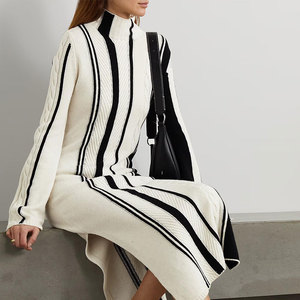 Produttori di Maglieria: Abito <span class=keywords><strong>in</strong></span> <span class=keywords><strong>Maglia</strong></span> a Collo Alto con Maniche Lunghe e Spacco Laterale, Design a Righe Contrastanti, <span class=keywords><strong>Vestito</strong></span> Midi Casual da Donna - Product Image 3