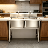Wastafel Cuci Piring Komersial Stainless Steel 2 Kompartemen Bak Ganda dengan Keran dan Backsplash untuk Restoran